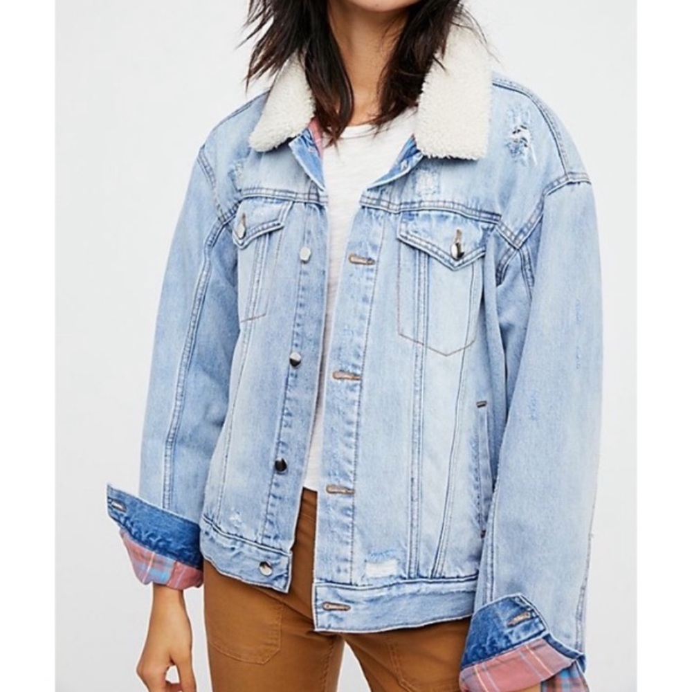 Free People Plaid Lined Sherpa Trucker Jacket Small